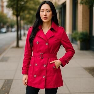 Short Red Double Breasted Trench Coat Jacket by MENG YIREN ~ Women's Size M / L